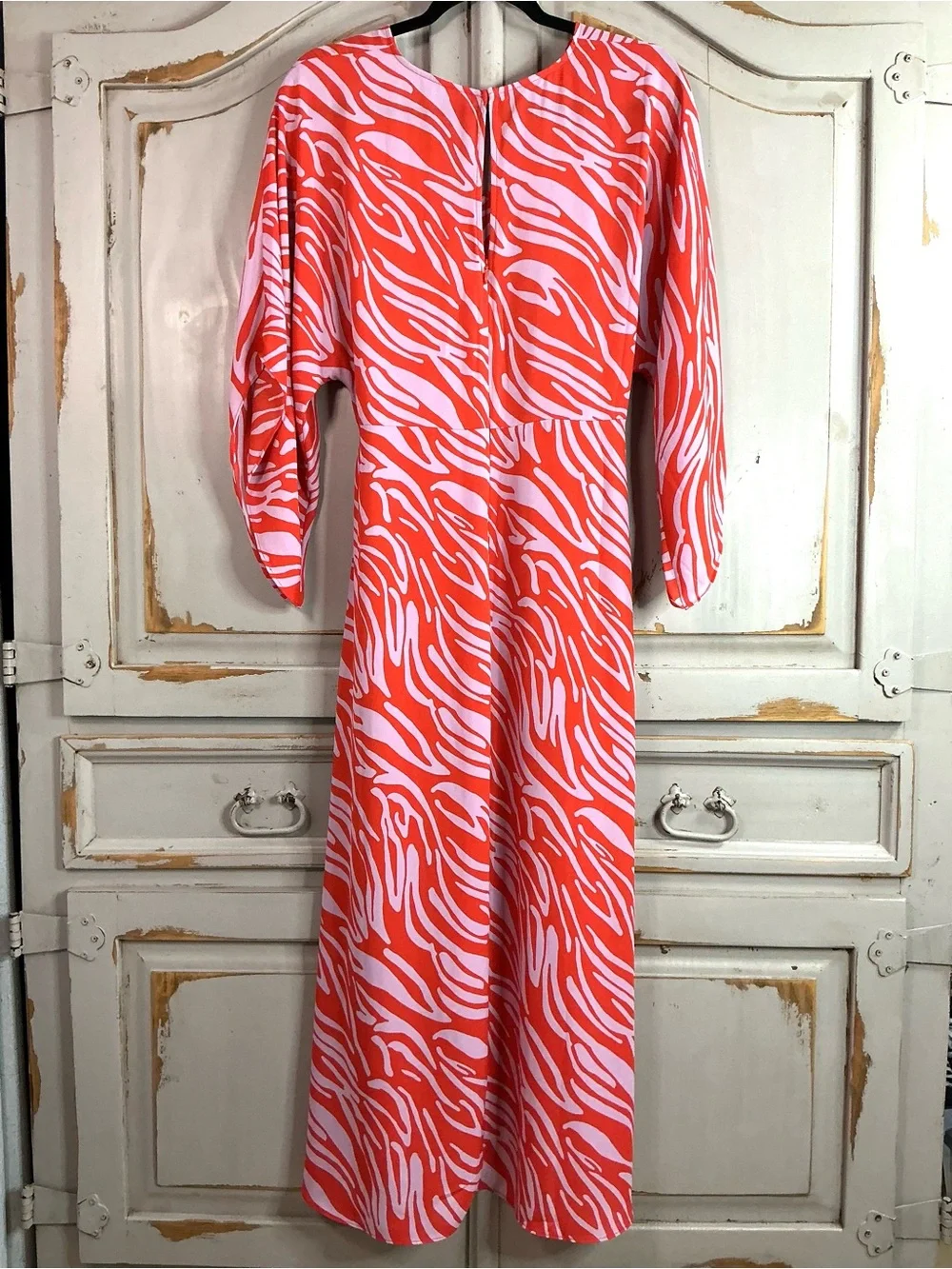 CAbi | Saunter Coral and Lavender Wrap Style Zebra Print Midi Dress Size Small